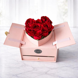 Elegant heart-shaped flower box with fresh red roses in blush pink box by Yunza Florist, luxury flower gift in Toronto