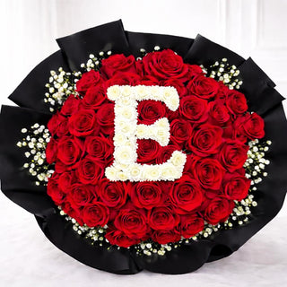Romantic 50 red roses bouquet with initial letter centerpiece