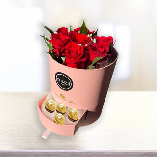 Surprise your loved ones with our Signature Rose & Chocolate Gift Box, a luxurious floral arrangement exclusively designed by YUNZA Florist. This elegant blush pink box features fresh premium red roses beautifully arranged and paired with a secret drawer of Ferrero Rocher chocolates, creating the perfect balance of romance and indulgence.