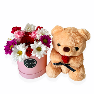 Pastel Flower Box with Teddy Bear – Romantic Gift Set for Her