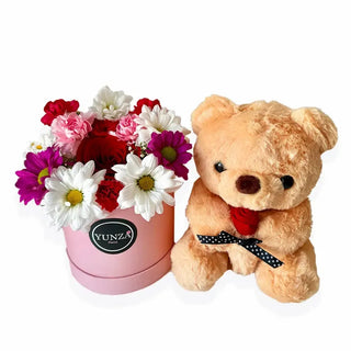 Pastel Flower Box with Teddy Bear - Romantic Gift Set