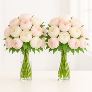 Elegant pair of peony reception arrangements in tall glass vases with blush and white peonies accented by lush greenery. Perfect wedding centerpieces for receptions and events in Toronto.
