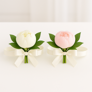 Elegant pair of peony wrist corsages with ivory ribbons, designed for the mother of the bride and mother of the groom. Pink and white peonies with greenery, handcrafted wedding flowers available in Toronto.
