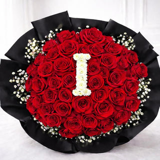 Valentine’s Day red rose bouquet with custom initial letter