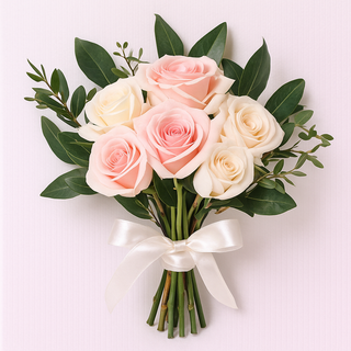 Elegant hand-tied bouquet of blush pink and ivory roses accented with lush greens and white filler flowers.