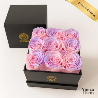 9 preserved pink and lavender ombré roses in a black luxury square box. Preserved Flowers online Toronto-Yunza Florist