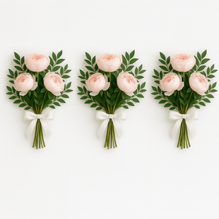 Set of three hand-tied peony bouquets with white satin ribbon, premium blush pink peonies with myrtle greenery, wedding flowers arranged in Markham by Yunza Florist