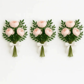 Set of three hand-tied peony bouquets with white satin ribbon, premium blush pink peonies with myrtle greenery, wedding flowers arranged in Markham by Yunza Florist