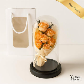 Scented Serenity: 7 Soap Roses with Lights in Glass Dome