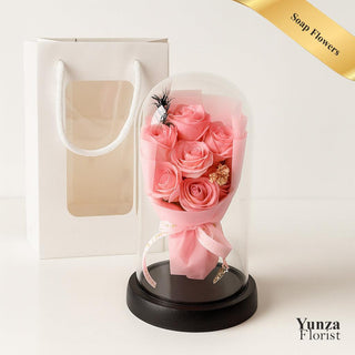 Scented Serenity: 7 Soap Roses with Lights in Glass Dome
