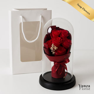 Scented Serenity: 7 Soap Roses with Lights in Glass Dome