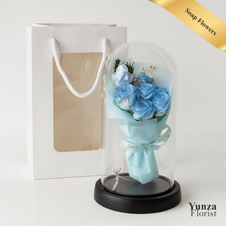Scented Serenity: 7 Soap Roses with Lights in Glass Dome