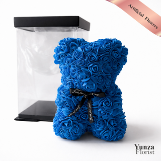 Blue eternal rose teddy bear made with artificial flowers in a clear gift box, luxury Valentine’s Day and Mother’s Day gift
