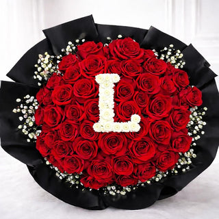 Luxury flower gift with 50 red roses and custom letter arrangement