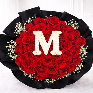 Romantic personalized flower bouquet with red roses and floral initial