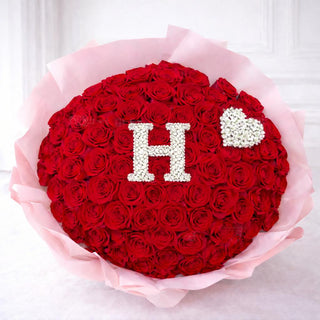 70 Red Roses with Heart and Initial Bouquet