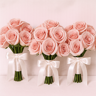 Wedding bouquet with six blush pink roses and white satin bow, perfect for bridesmaids and maid of honor.