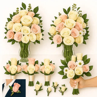 Complete wedding flower set with bridal bouquet, bridesmaid bouquets, boutonnieres, and vase arrangements – Toronto florist
