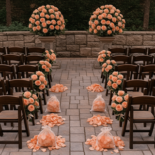 Luxury wedding aisle setup with peach roses and large altar arrangements – Yunza Florist