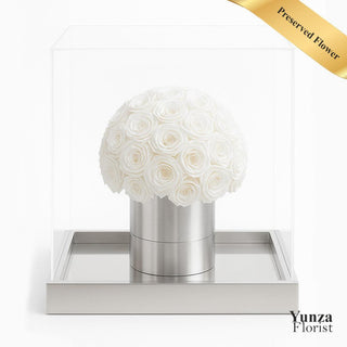 30 Preserved White Roses inside a luxury display. Shop Eternal Flowers For Toronto and GTA at Yunza Florist 
