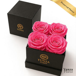 4 Preserved Pink Roses inside a Black Box. Same Day flower delivery available nationwide.  