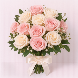 Luxurious wedding rose bouquet featuring soft pink and white roses arranged with delicate baby’s breath.