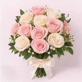 Luxurious wedding rose bouquet featuring soft pink and white roses arranged with delicate baby’s breath.